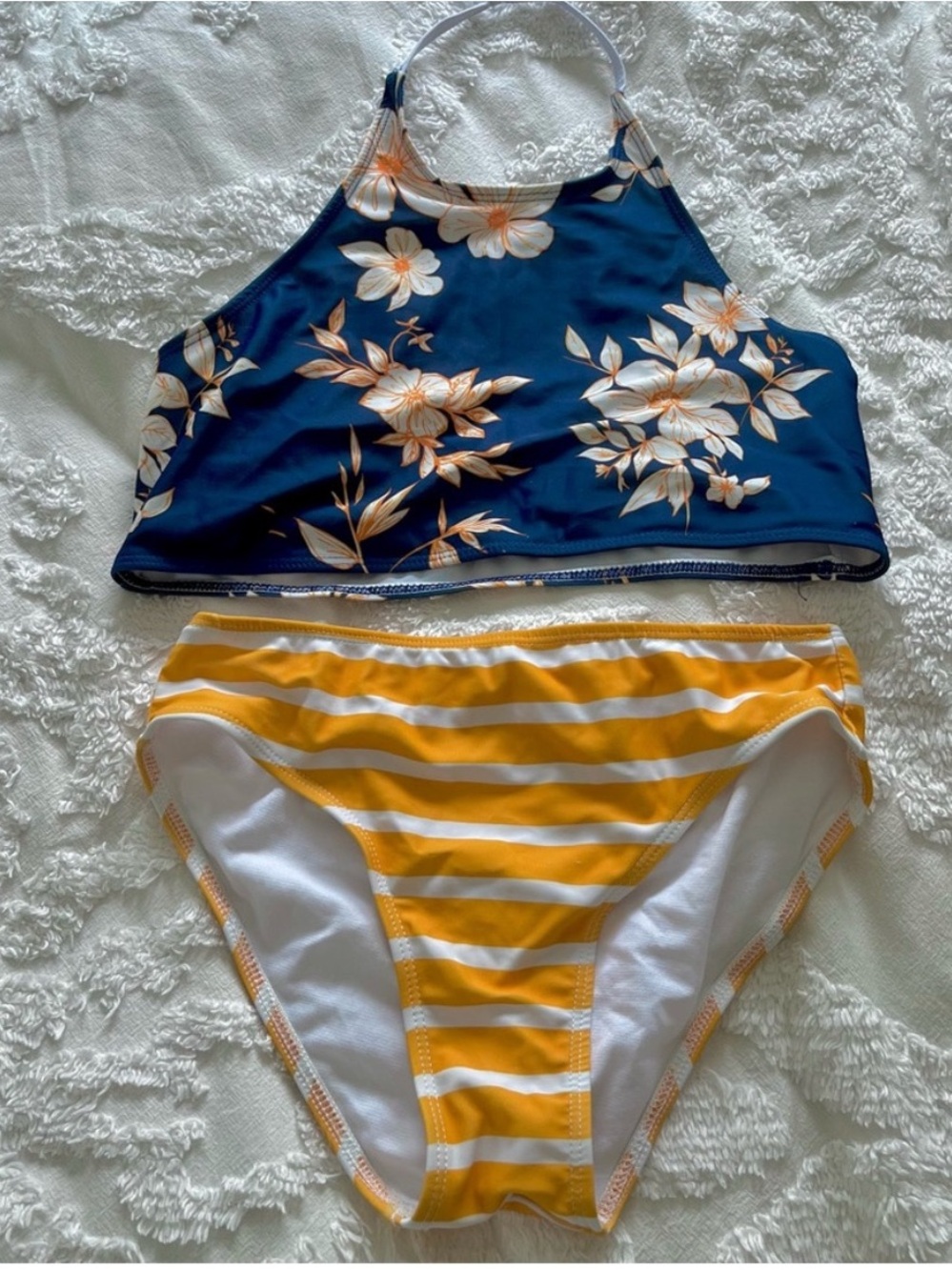 Girls Floral High-Neck Bikini Top with Yellow Stripe Bottoms